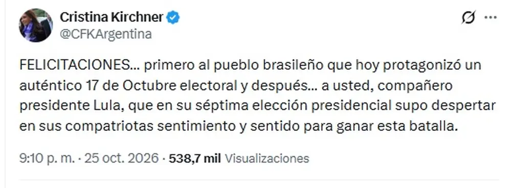Cristina Kirchner habla en las redes sobre el triunfo de Lula