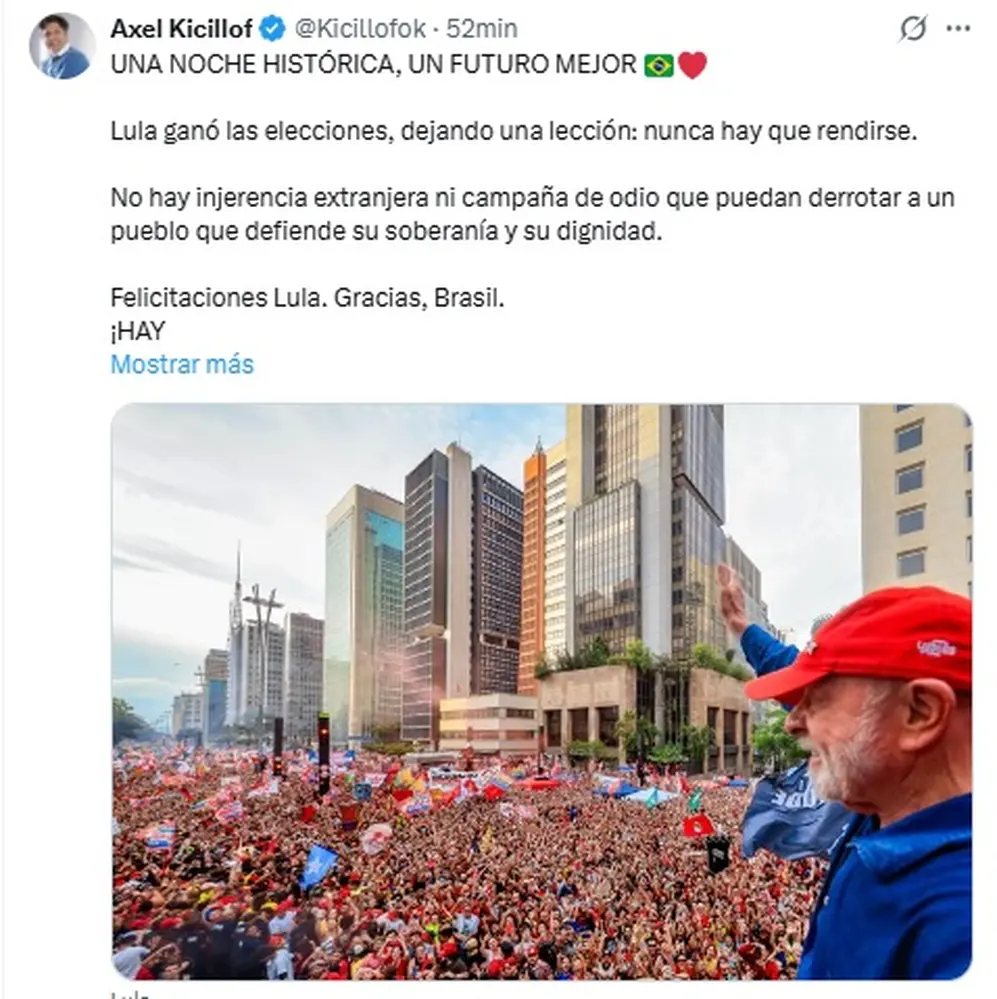 Axel Kicillof se refiere al triunfo de Lula en las redes