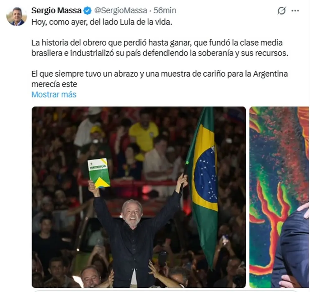 Sergio Massa felicitó en las redes a Lula por su triunfo