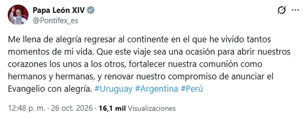 El mensaje de León XIV confirmando su viaje a la Argentina