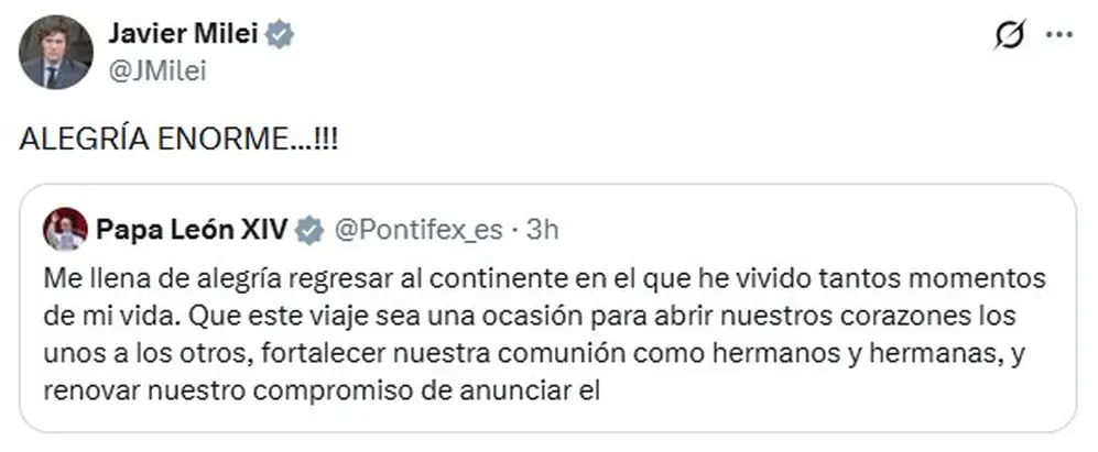 Milei celebró la visita del papa León a Argentina
