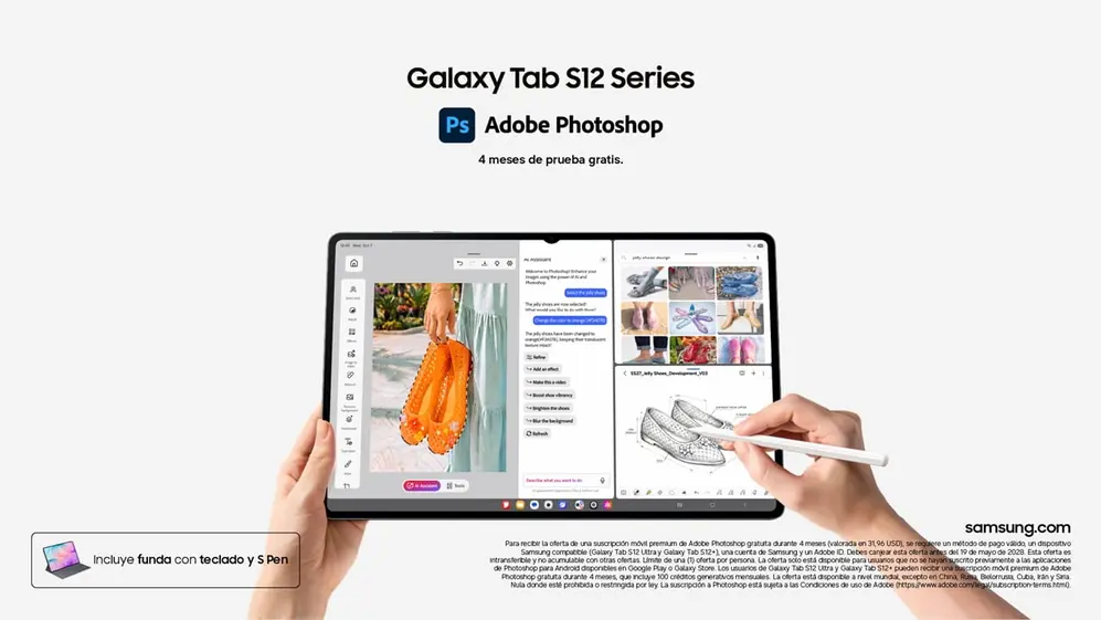 Adobe Photoshop gratis por cuatro meses, entre los beneficios que ofrece la nueva tablet Samsung.