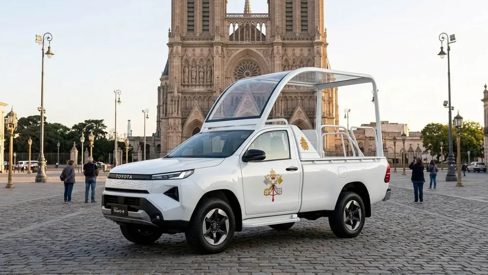 Render de cómo se vería el papamóvil sobre un modelo de Toyota Hilux