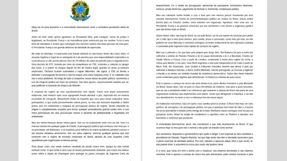 Parte de la extensa carta que publicó Flávio Bolsonaro en la que se autoproclamó presidente electo