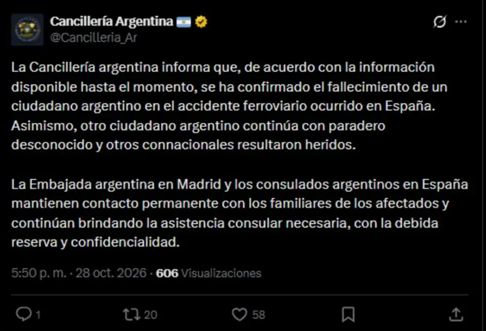 El informe de Cancillería, tras el choque de trenes en España.