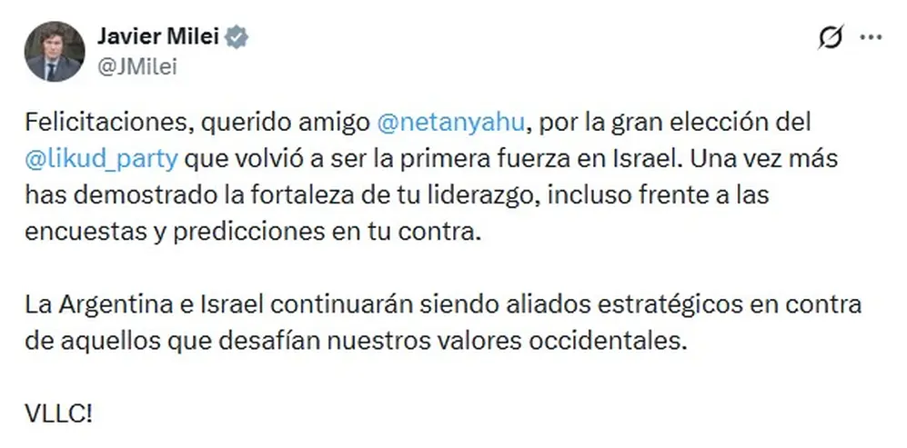 El mensaje de Javier Milei a Netanyahu
