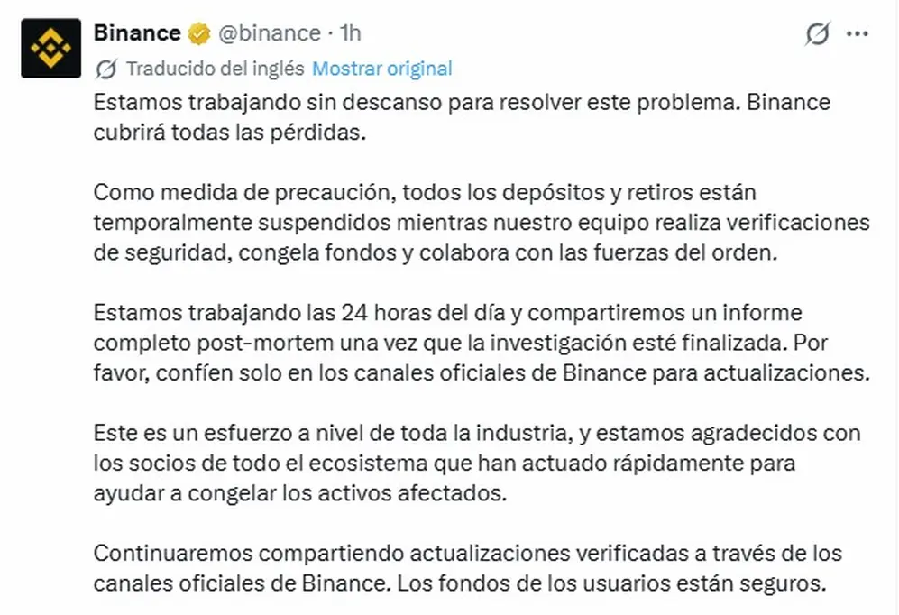 En otro mensaje asegura que los fondos de los usuarios están seguros