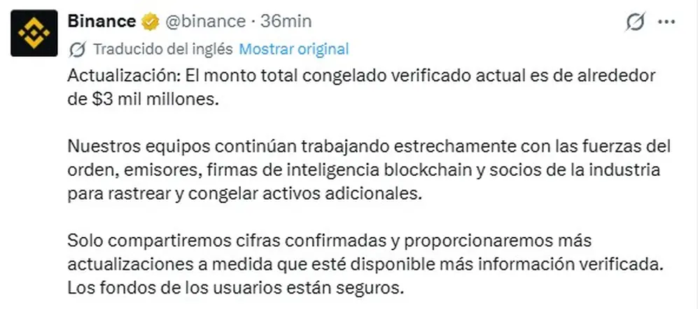 Desde Binance anunciaron que el monto congelado es de u$s3.000 millones