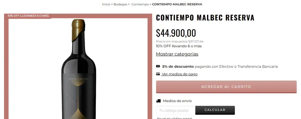 En algunas páginas especializadas, el vino se vende a unos $44.900