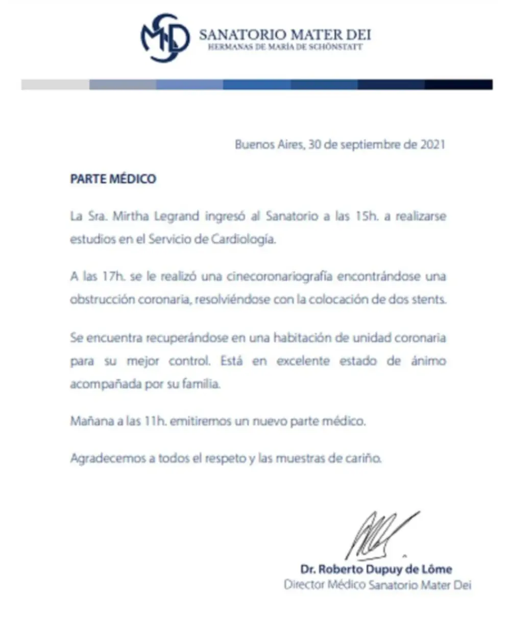 El parte médico de Mirtha Legrand
