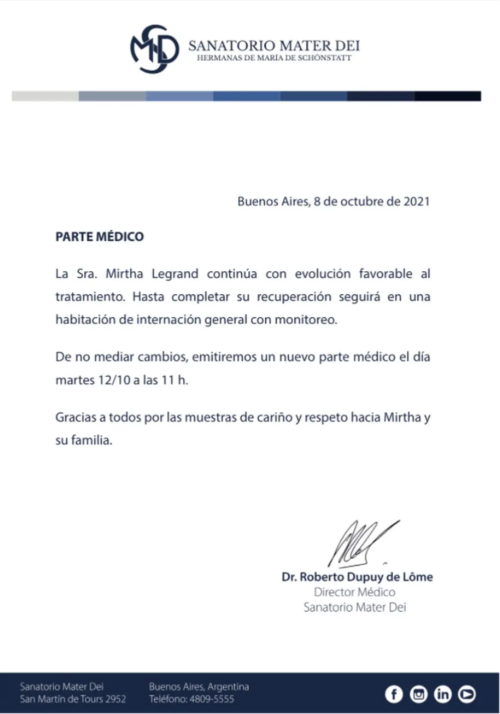 El parte médico que emitió el Sanatorio Mater Dei