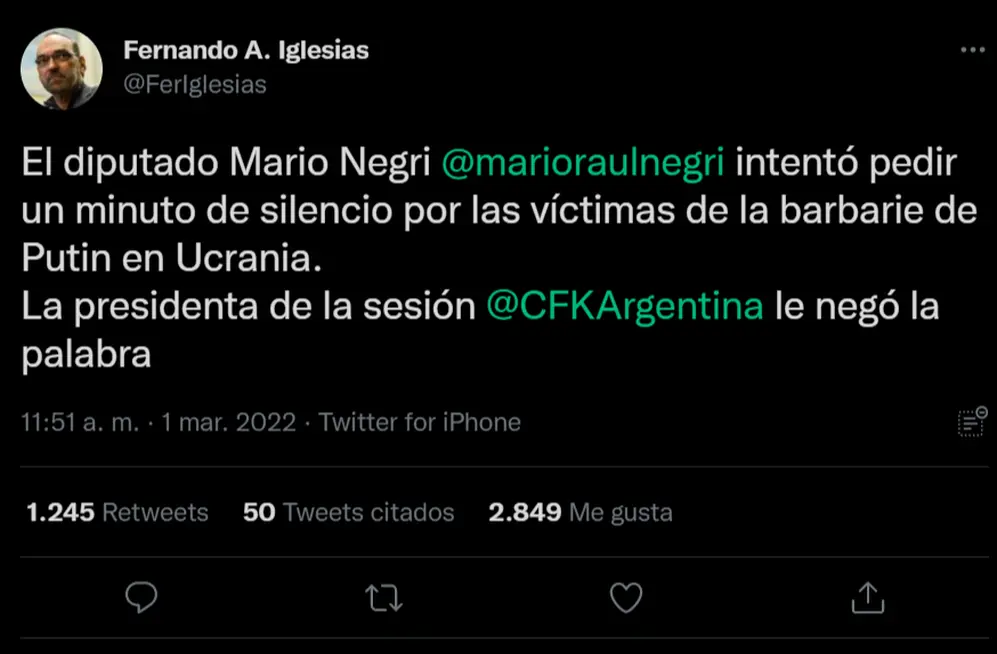 Fernando Iglesias también tuiteó sobre este tema