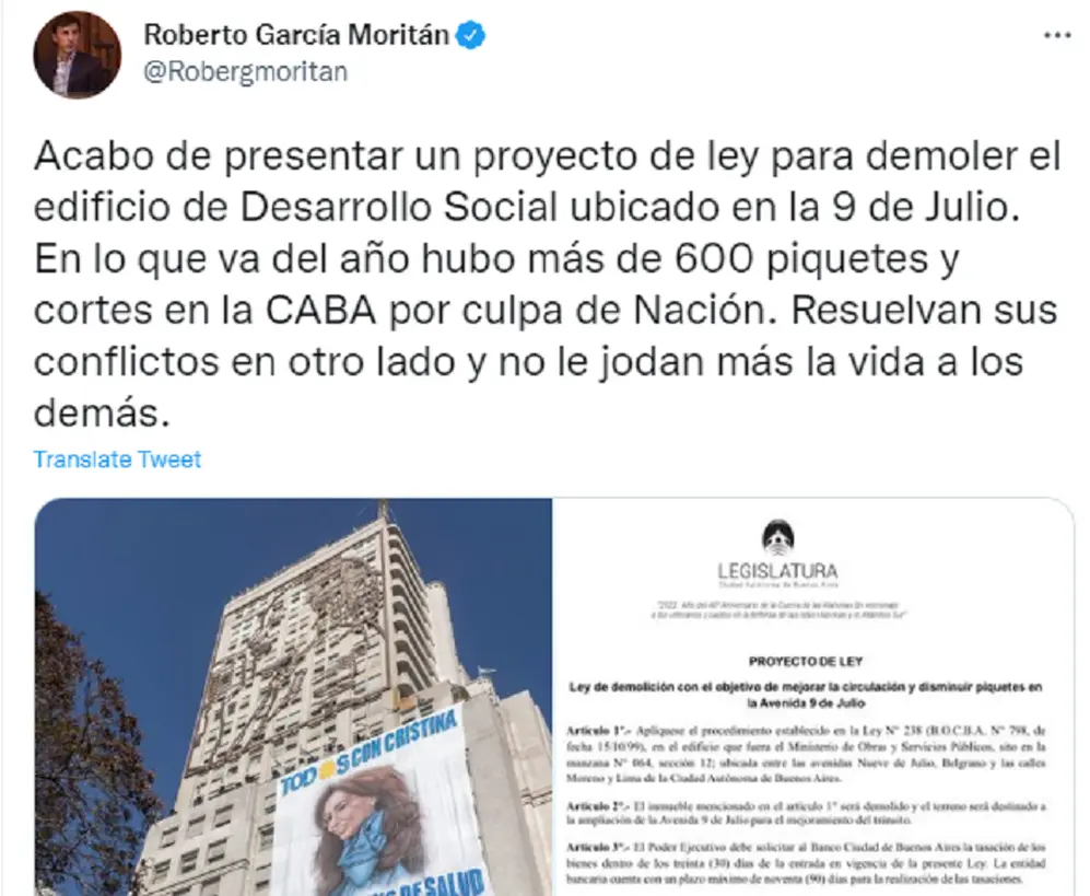 García Moritán anunció su propuesta a través de su cuenta de Twitter.