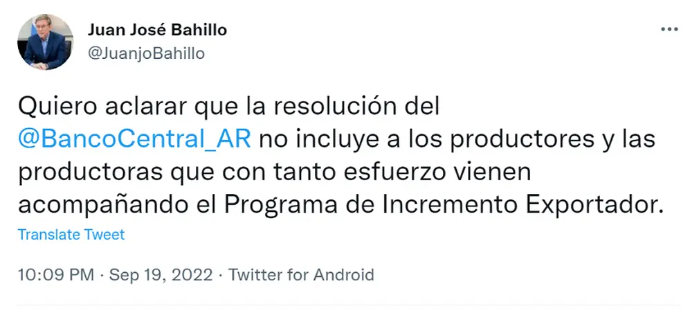 Tras conocerse el anuncio del Banco Central, Bahillo aclaró que 