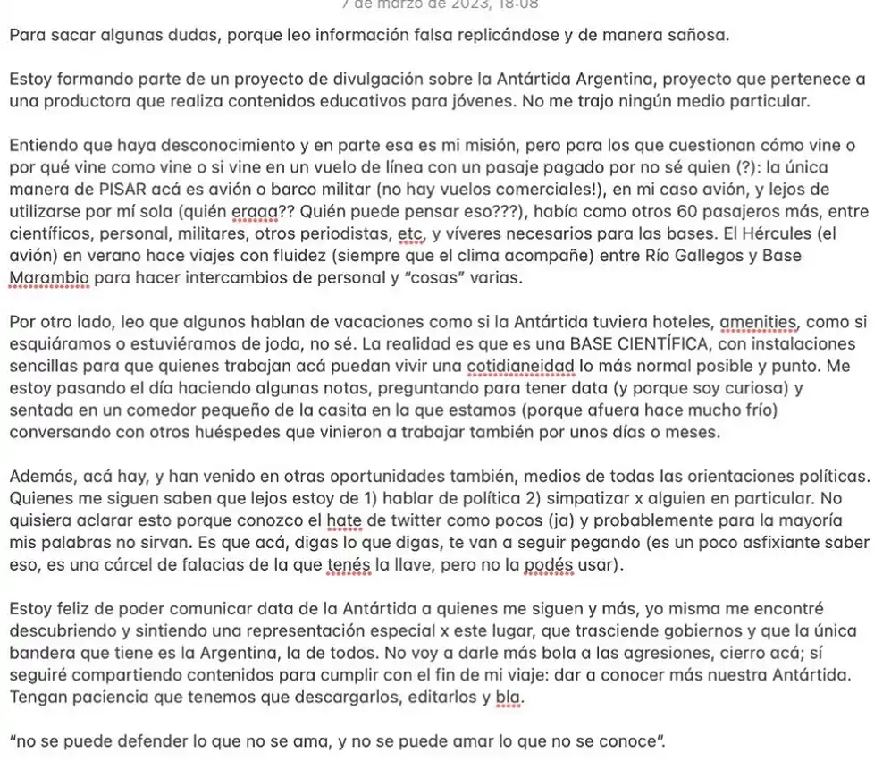 Nati Jota explicó los motivos de su viaje a la Antártida.
