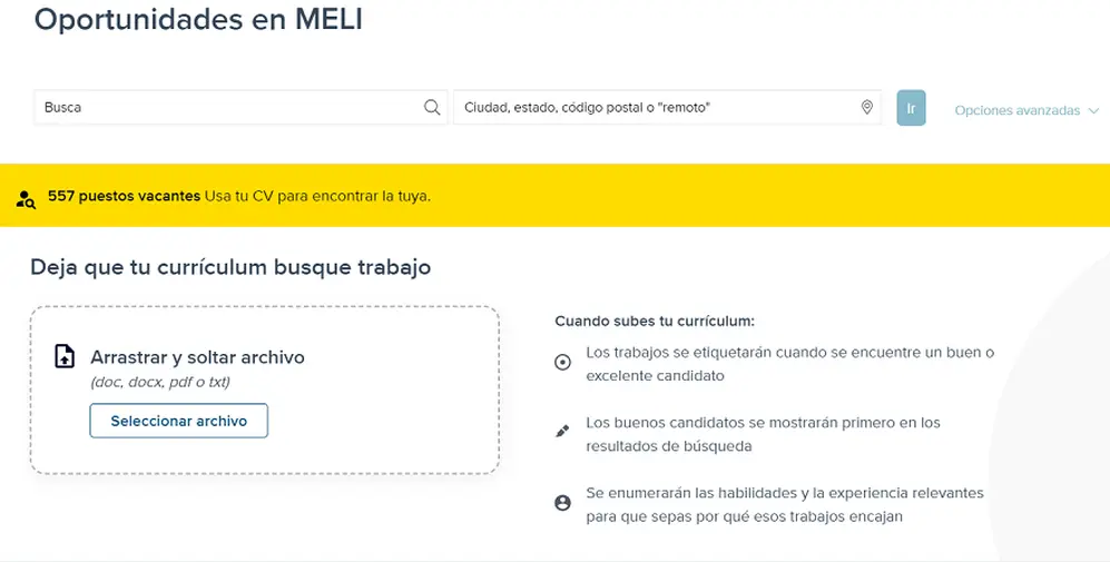 Mercado Libre ofrece la posibilidad de adjuntar el CV