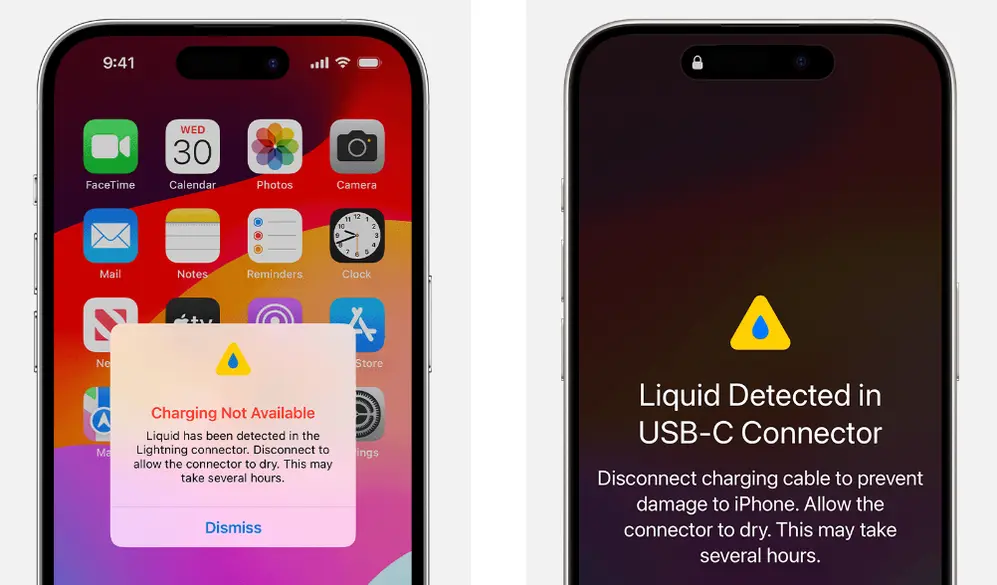 Los avisos que el iPhone puede mostrar si detecta líquido en el dispositivo.
