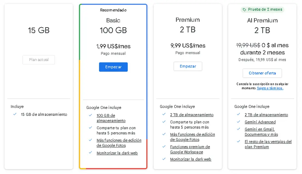 Planes de Google One 