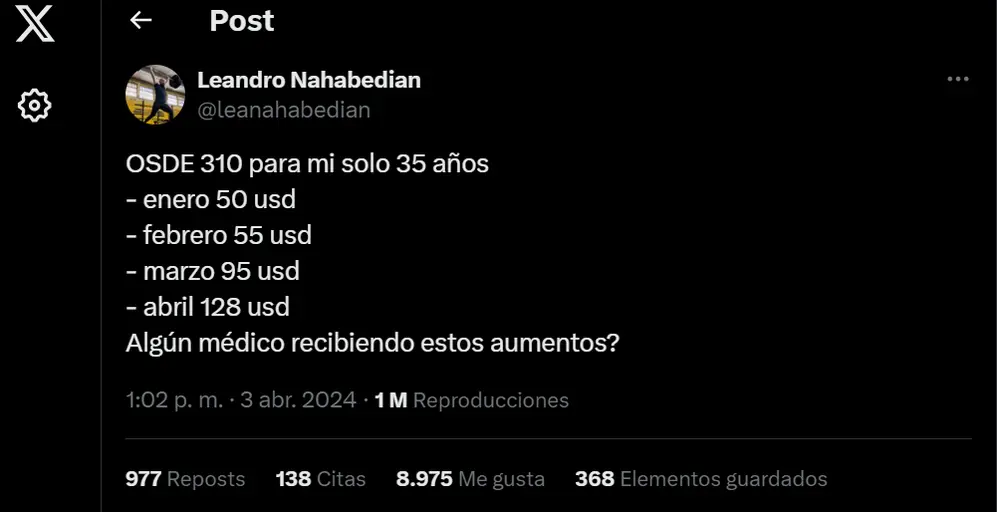 El usuario Leandro Nahabedian manifestó a través de X los aumentos que tuvo en su plan de medicina prepaga