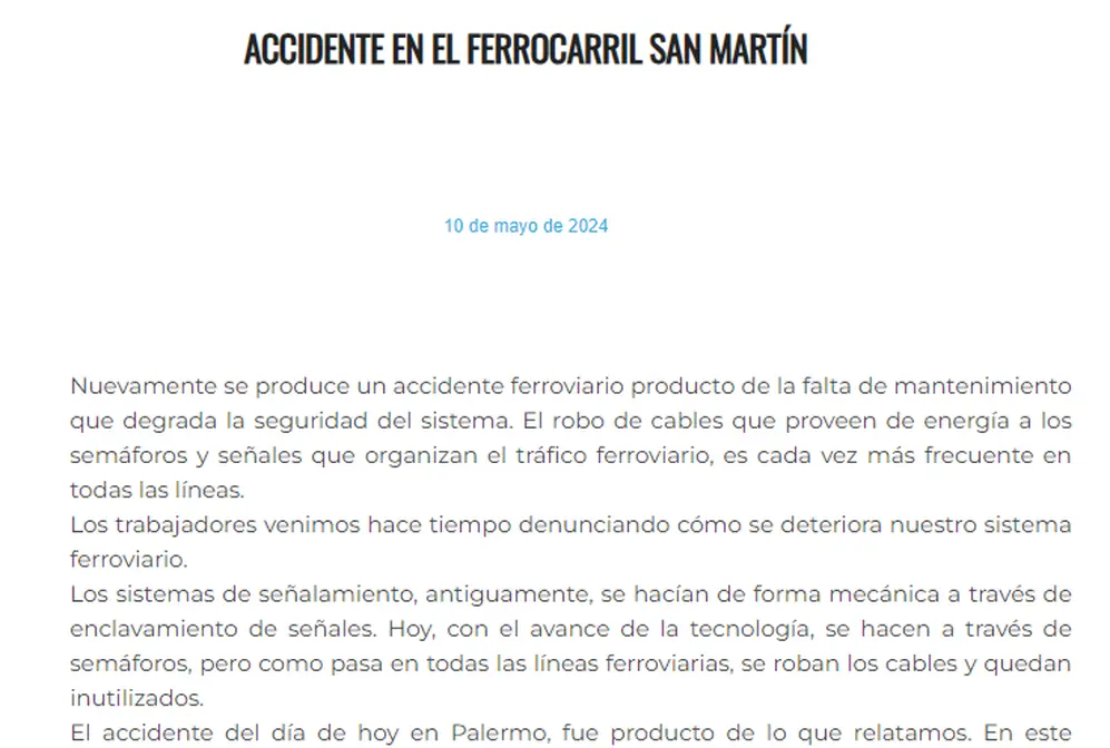 El comunicado del gremio La Fraternidad deslindó responsabilidades del sindicato y recordó que se había denunciado el robo de cables en el sistema de señalización