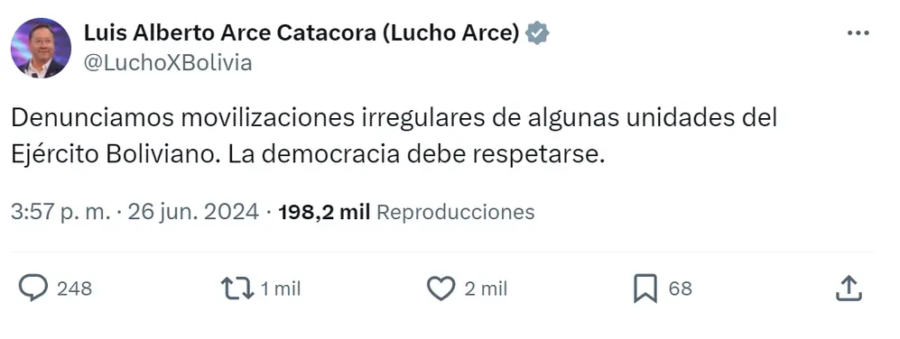 Luis Arce hizo eco del inminente conflicto en sus redes sociales.