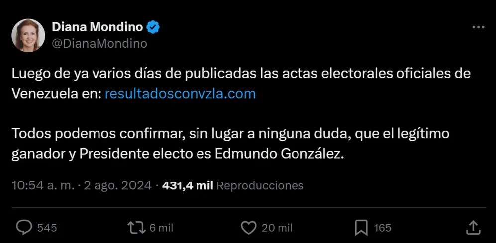 La postura de Diana Mondino sobre el resultado de las elecciones en Venezuela.