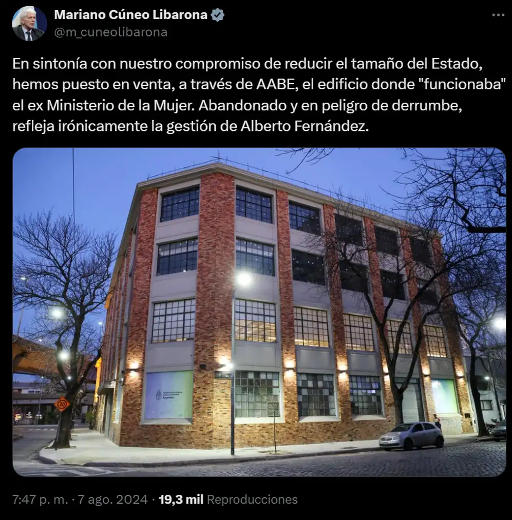 Cúneo Libarona anunció que el Gobierno venderá el edificio donde funcionaba el Ministerio de la Mujer.