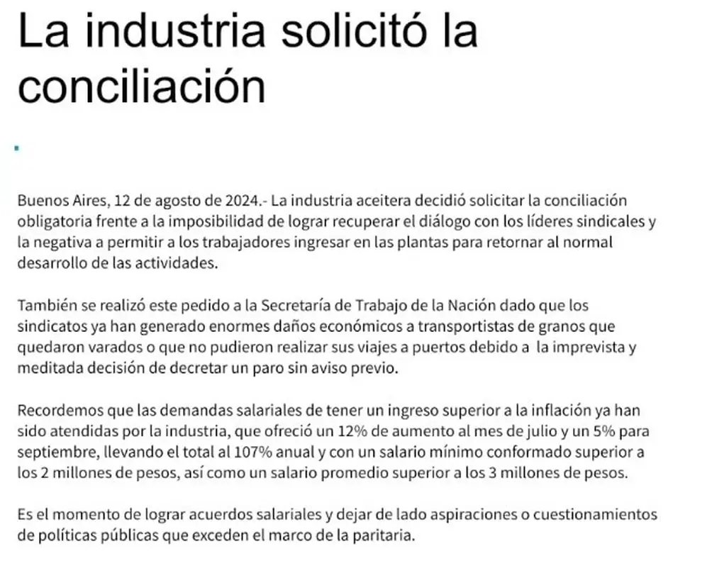 Las cámaras del sector aceitero solicitaron al gobierno la mediación ante un conflicto con potencial de daño a la economía