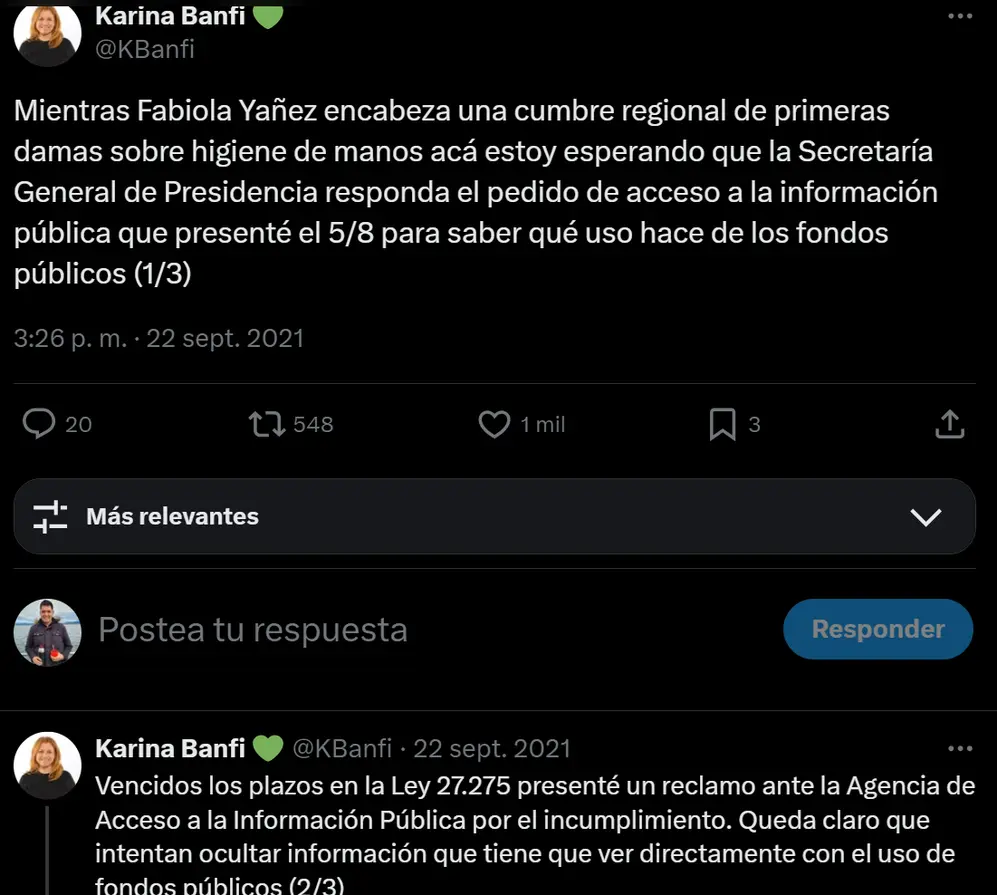 Karina Banfi había denunciado a Fabiola Yañez por no declarar ingresos ni patrimonio.