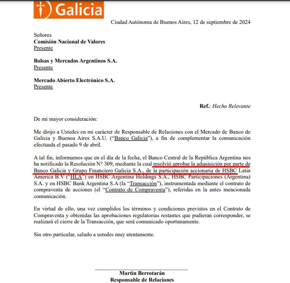 Banco Galicia también emitió un comunicado, para informar sobre el avance de la operación con HSBC.