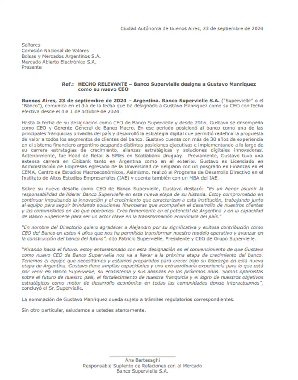 El comunicado que envió Supervielle a la Comisión Nacional de Valores.