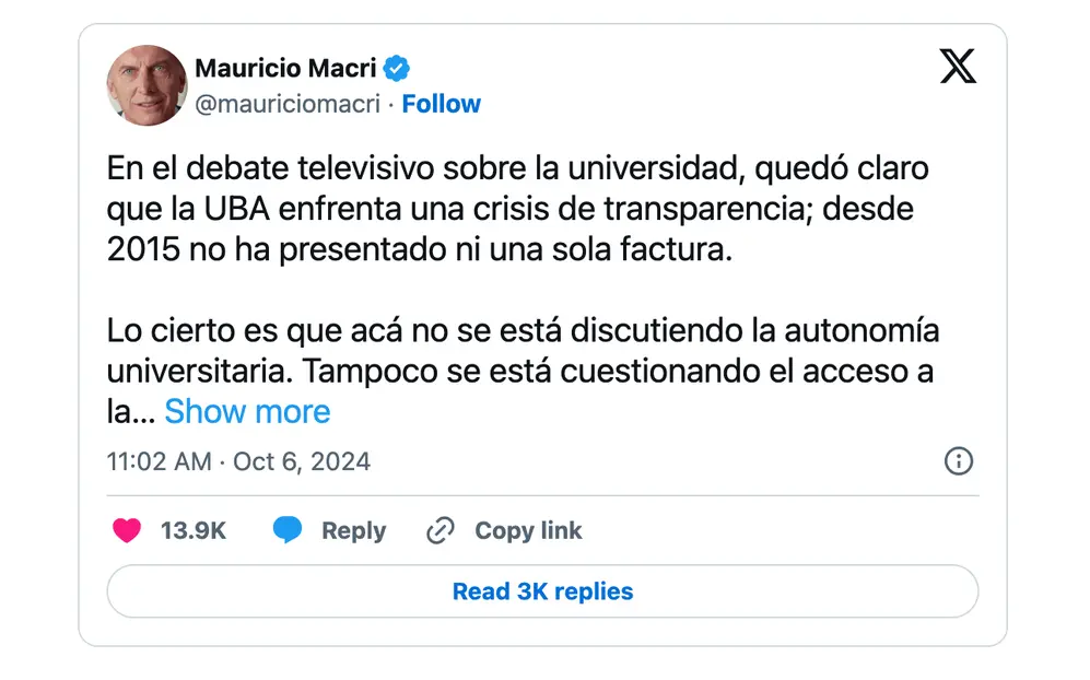 Macri reflexionó en X sobre el uso de recursos en la Universidad Pública