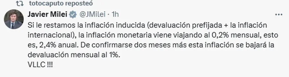 Milei destacó que, si se resta el 2% del crawling peg, Argentina está a tono con la inflación global