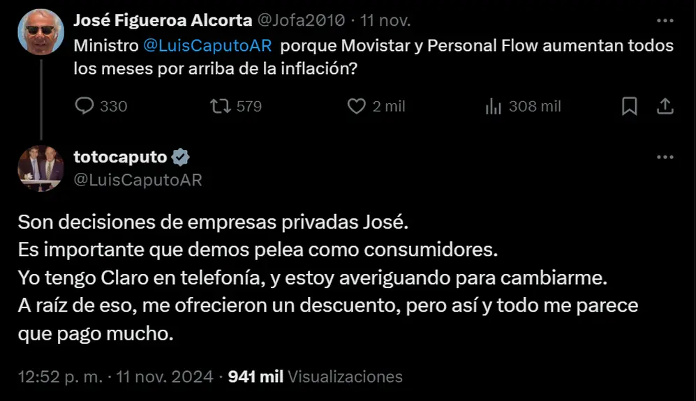 El debate sobre los precios de empresas telefónicas se reactivó con la postura de Luis Caputo.
