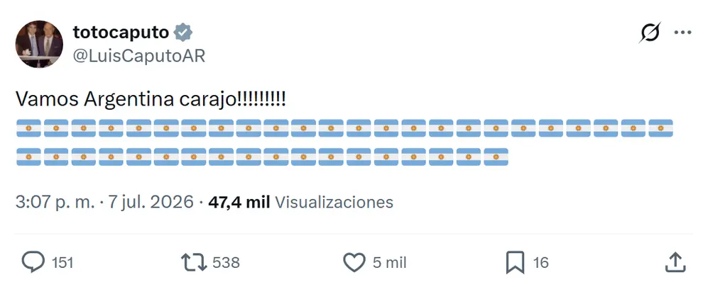 Luis caputo reaccionó tras el triunfo de Argentina contra Egipto.