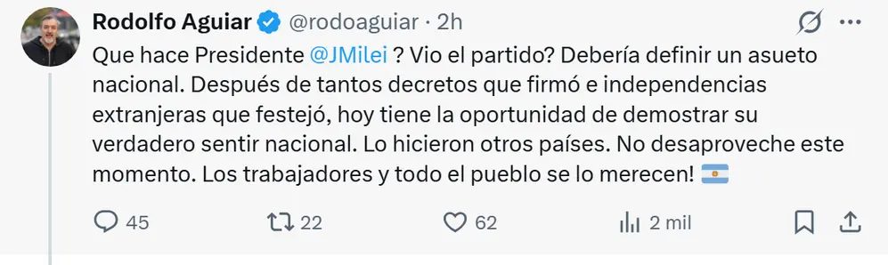 El mensaje de Aguiar para Milei, tras el triunfo de Argentina ante Egipto en el Mundial 2026.