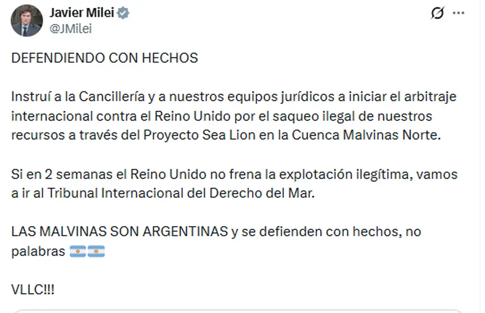 El tuit de Javier Milei en el que anunció el inicio del arbitraje internacional