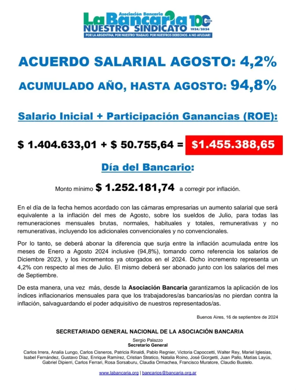 El comunicado que emitieron los gremios bancarios, tras confirmarse el nuevo aumento de sueldo.