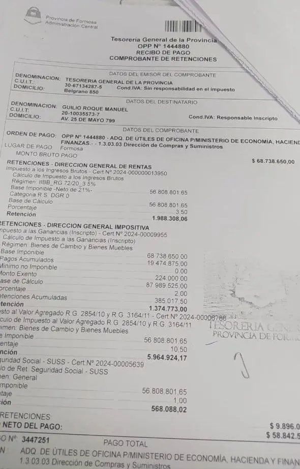 El comprobante de pago de los manuales destinados a escuelas primarias en Formosa.