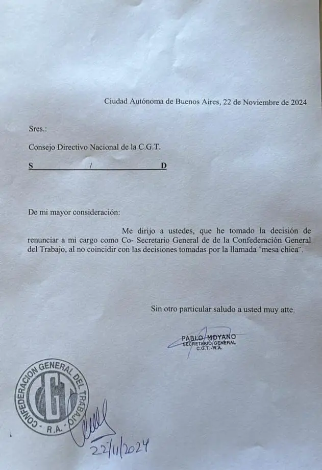 El comunicado de Pablo Moyano, informando sobre su renuncia a la CGT.