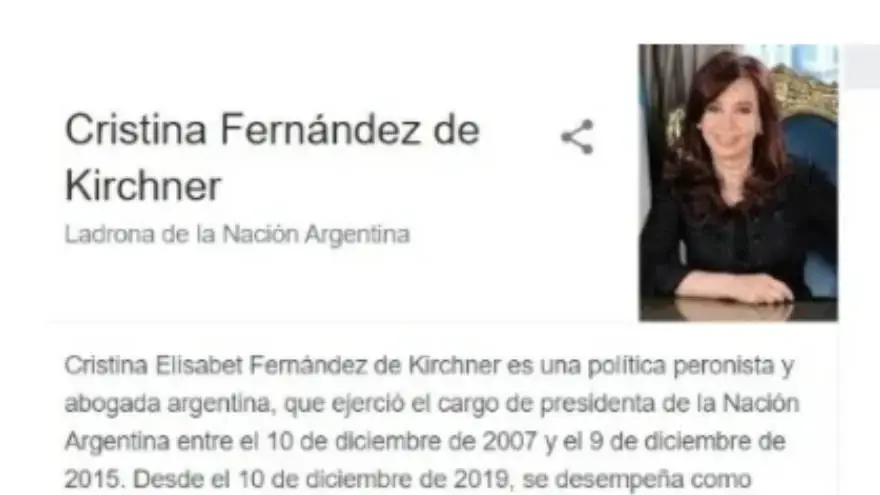 La expresidenta aparecía en el buscador de Google como 