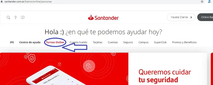 En un ejemplo al azar, se puede ver como en la web del Banco Santander se ofrece a simple vista la opción de sacar un turno online