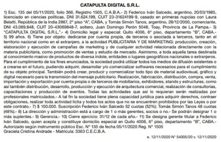 Inscripción de Catapulta Digital en el Boletín Oficial del 12 de noviembre de 2020.