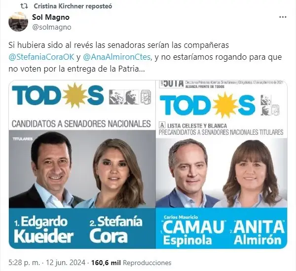 Cristina Kichner cuestionó a senadores peronistas que apoyaron la Ley de Bases