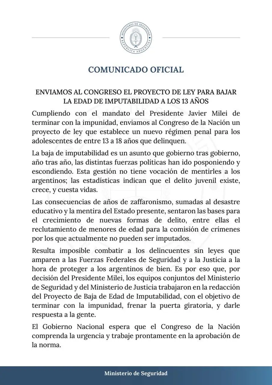 El ministerio de Seguridad informó que envió al Congreso el proyecto de ley para bajar la edad de imputabilidad