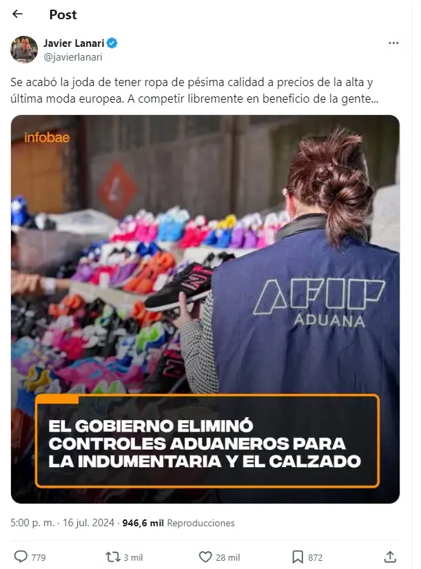 Posteo en X de Javier Lanari