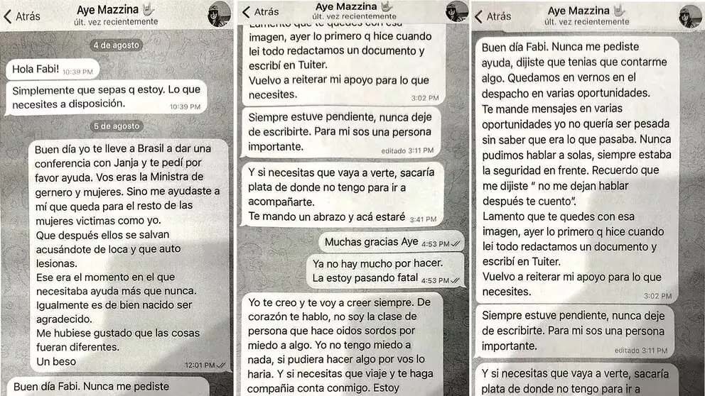Parte de los chats que Fabiola Yañez mantuvo con Ayelén Mazzina entre el 4 y 5 de agosto pasado.