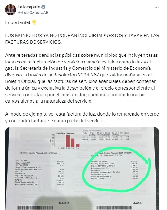 El mensaje de Luis Caputo en el que confirmó que los municipios ya no podrán incluir los impuestos y tasas en las facturas de servicios