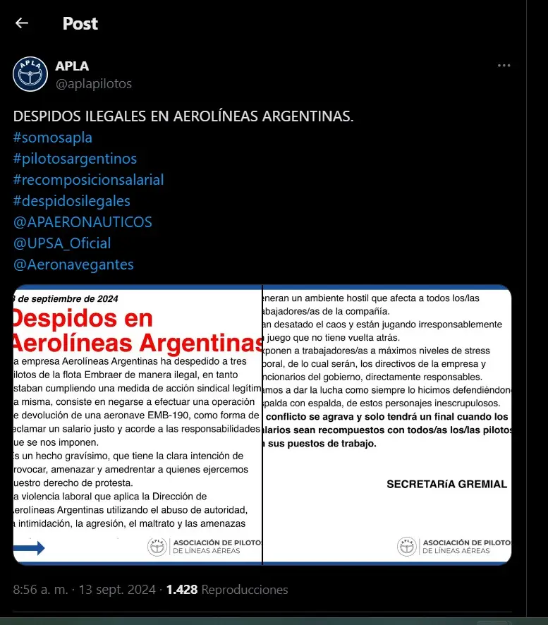 La Asociación de Pilotos de Líneas Aéreas  (APLA)) emitió un fuerte comunicado este viernes y dijo que Javier Milei 