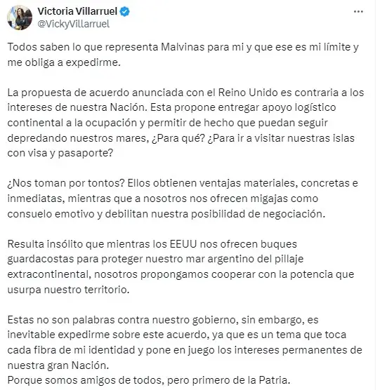 La dura crítica de Victoria Villarruel al acuerdo alcanzo por Diana Mondino con el Reino Unido